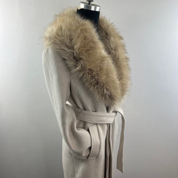 ZARA Long Wool Beige Coat Lined Knit Pockets Faux Fur Neck Back Slit Sz Medium M - Picture 5 of 12
